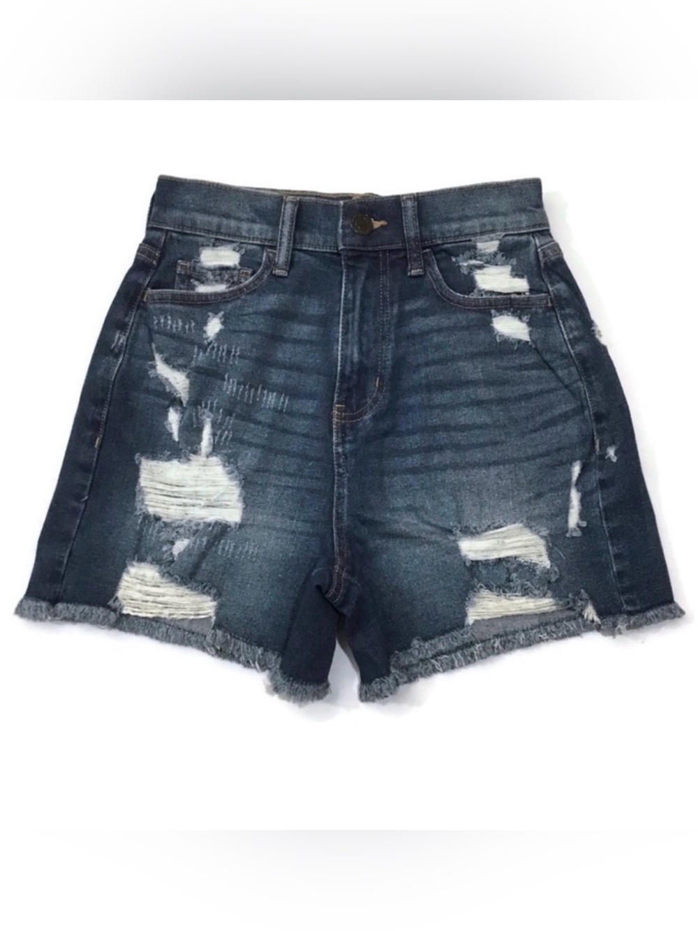 Boyfriend Blue High-Waisted Jean Shorts with Distressed Details